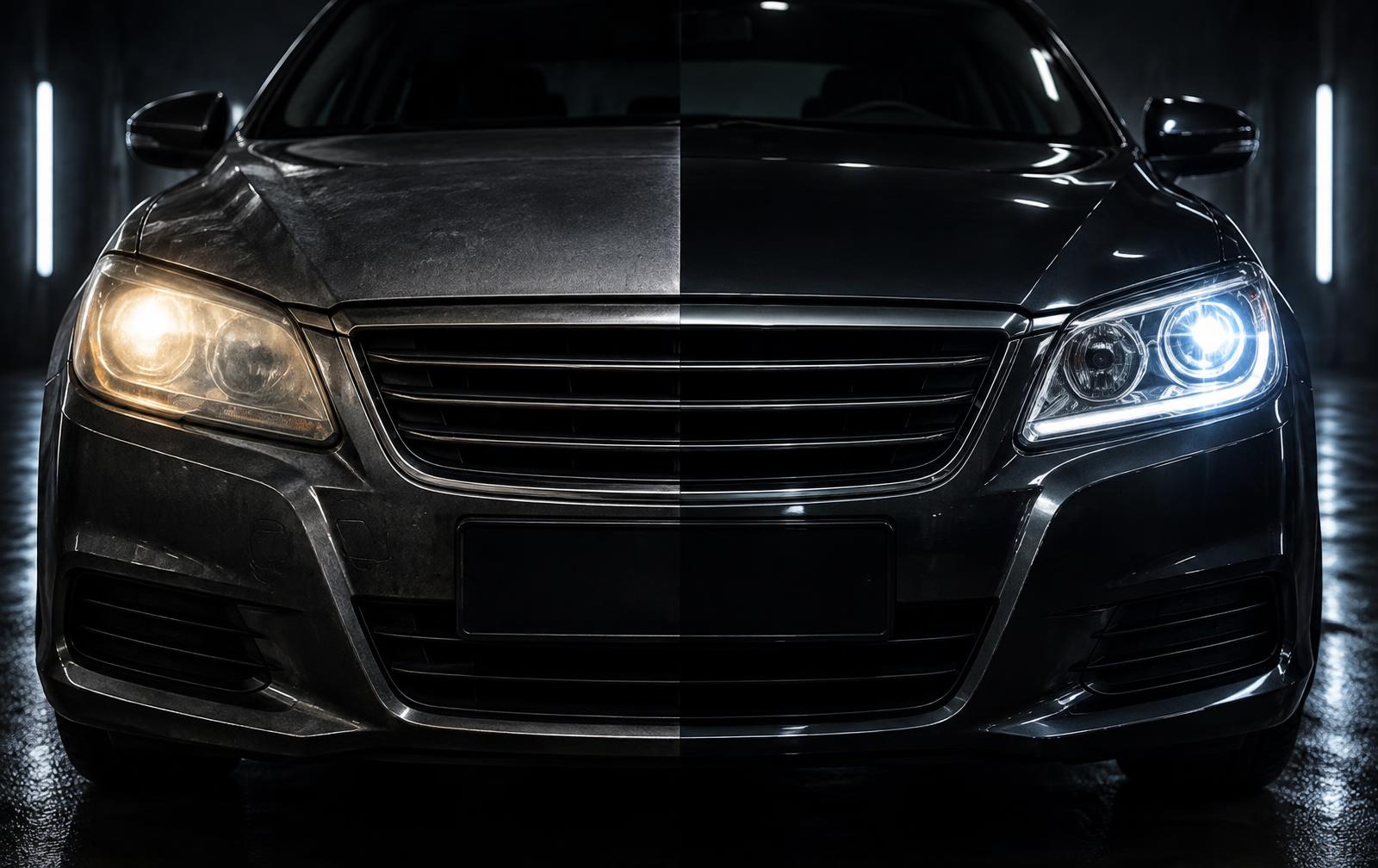 Illustration: cloudy yellowed headlight next to a clear restored headlight